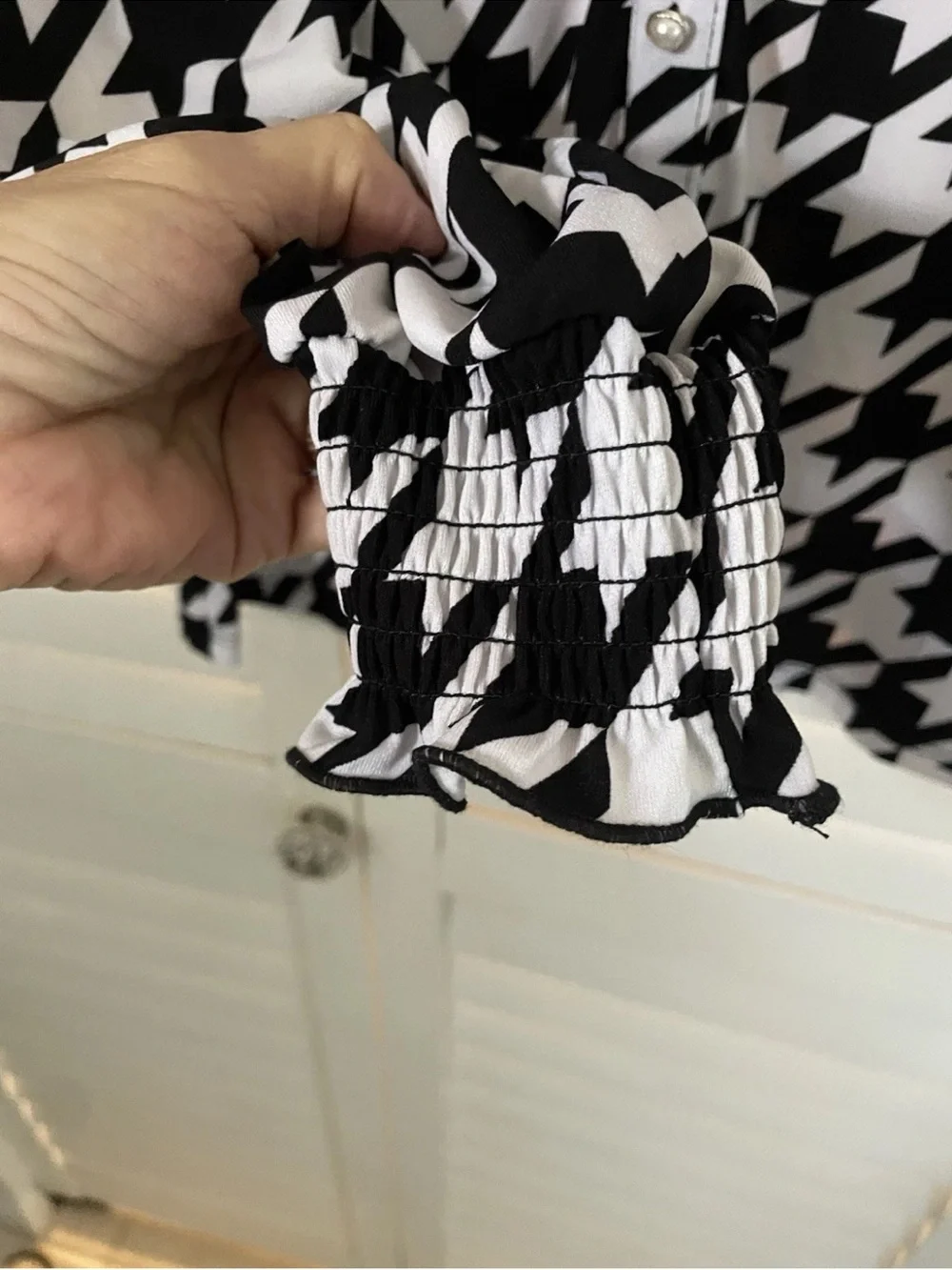 Black & White Houndstooth Embellished Pearl & Rhinestone Button-Down  size L NWT